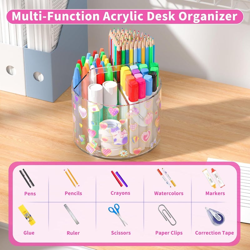 Wawocs Acrylic Pencil Organizer for Desk 4 Compartments with Adhesive DIY Sticker, Rotating Art Supply Organizer with Kawaii Sticker Kids, Spinning Round Marker Small Supply Caddy - Image 5
